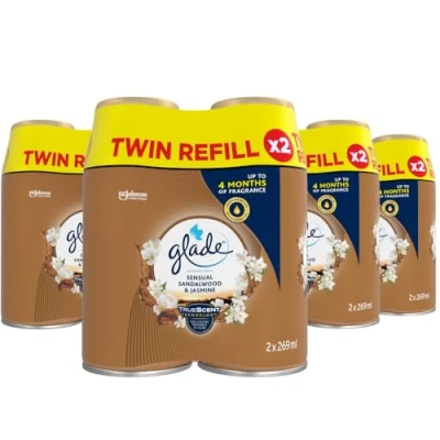 Image of Glade Automatic Air Freshener Refills, Room Spray &amp; Odour Eliminator, Sandalwood Jasmine, Pack of 4 Duos (8 Refills x 269ml)