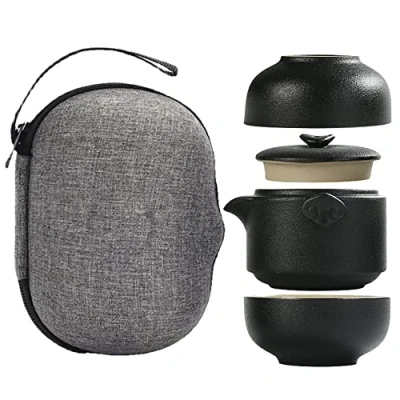 Image of TAMUME Travel Tea Set for 2 Persons Porcelain Teapot and Cups with Portable Pouch (Black)
