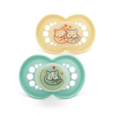 Image of MAM Original Night Soother 16+ Months (Set of 2), Sustainable and Bio Renewable Baby Soother, SkinSoft Silicone Teat, Glow in the Dark Cream (Designs May Vary)
