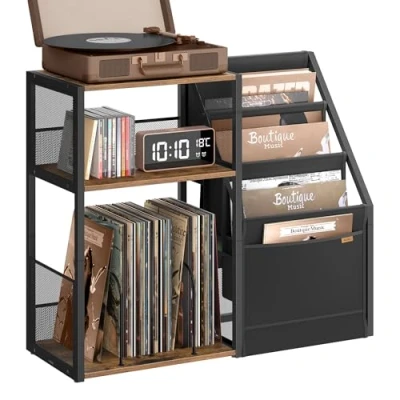 Image of VASAGLE Record Player Stand, 3 Tier Side Table, Vinyl Storage up to 140 Albums, End Table for Living Room, Bedroom, Rustic Brown LET276K01