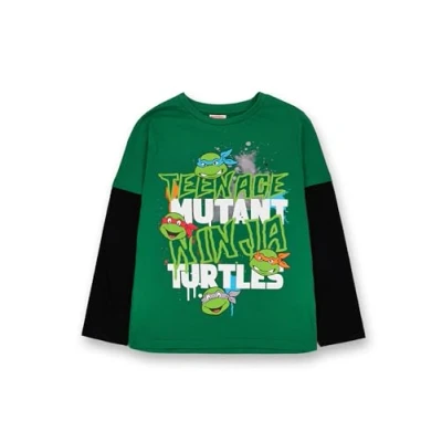 Image of Teenage Mutant Ninja Turtles Boys T Shirt Green &amp; Black TMNT Graphic Skater Tee for Kids Action Ready Comfy Long Sleeve with Short Overlay Style Top Childrens Movie Merchandise Gift
