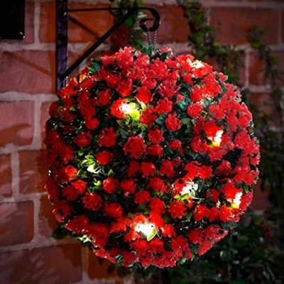 Image of MantraRaj 28CM Solar Powered Topiary Ball 20 LED Flower Lights Dual Function Garden Sphere Great For Outdoor Decorations Wedding Artificial Plant Backyard Balcony Decor (Red)