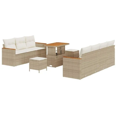 Image of vidaXL 10 Piece Garden Sofa Set with Cushions Beige Poly Rattan Acacia