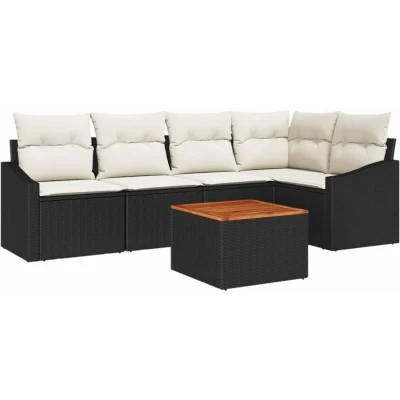 Image of vidaXL 6 Piece Garden Sofa Set with Cushions Black Poly Rattan Acacia