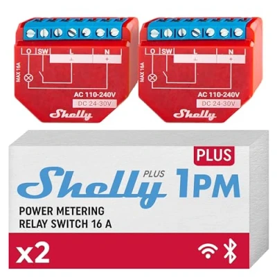 Image of Shelly Plus 1PM WiFi &amp; Bluetooth Smart Relay Switch with Power Metering Home Automation Compatible Alexa Google iOS Android App No Hub Wireless Lighting Control (2 Pack)