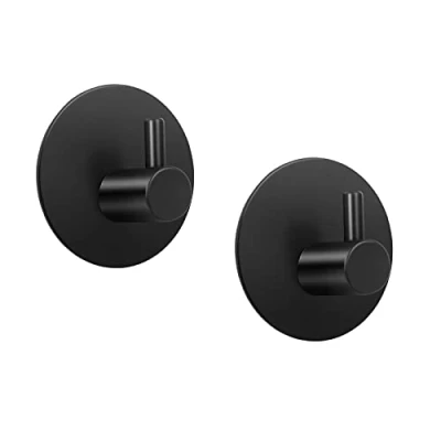 Image of LJLink Hooks Wall Key Self Adhesive 2 Pack Stainless Steel Round Matte Black Towel Heavy Duty, Waterproof Modern for Bathroom Kitchen Bedroom Office