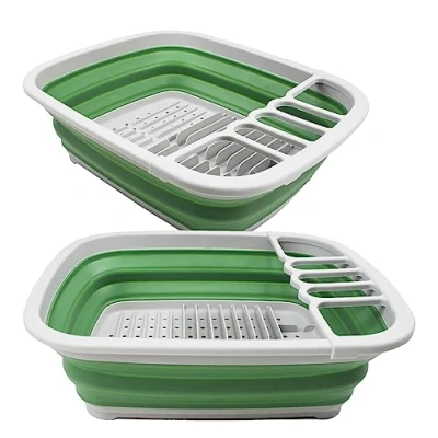 Image of SAMMART 8L Collapsible Plastic Dish Drainer Foldable Drying Rack Portable Dinnerware Organizer Space Saving Kitchen Storage Tray (Grey/Dark Sea Green(Set of 2))