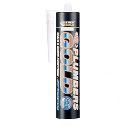 Image of Everbuild Plumbers Gold Excellent Primerless Adhesion with Mould Shield Silicone Sealant Can be Applied to Wet Surface and Under Water Clear 290 ml