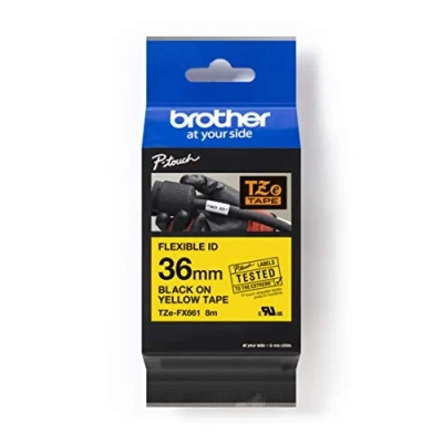 Image of Brother TZe FX661 Labelling Tape Cassette, Black on Yellow, 36mm (W) x 8M (L), Flexible ID, Genuine Supplies
