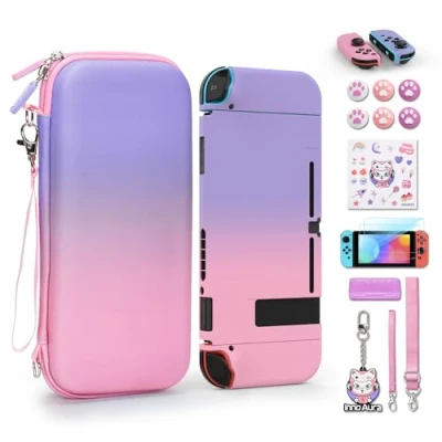 Image of Switch Case, Case for NS Switch, innoAura 16 in 1 Accessory Set with Carry Protective Screen Protector, Game &amp; Cute Thumb Caps (Gradient Pink/Purple)