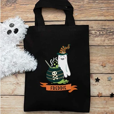 Image of Personalised ghost and cauldron trick or treat bag (Black bag) Halloween bags options