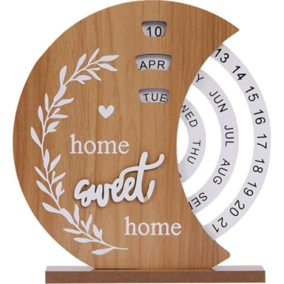 Image of Perpetual Calendar, Wooden Disc Desk Manual Rotating Block Calendar for Home Office Date Week Month