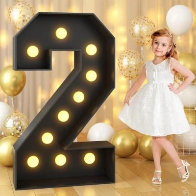 Image of Black Marquee Light Up Number 2, Letter LED Sign Pre cut Foam Glowing Mosaic Decor for Birthday Proposal Anniversary Wedding, 120CM/4FT