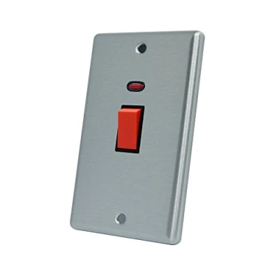 Image of AET CSCCSWBLT Satin Chrome Classical 45A Black Insert Tall Plate 45 Amp DP Cooker Switch w/Neon Indicator 2 Gang