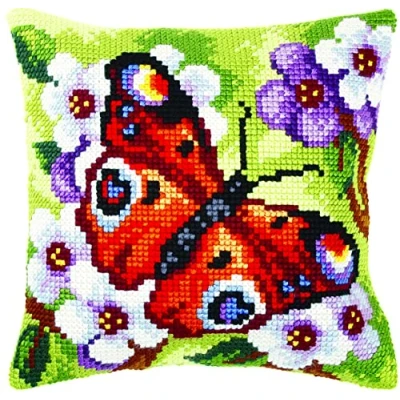 Image of Orchidea Cushion Cross Stitch Kit Butterfly Printed Canvas 4.5 Count for Adults 9379