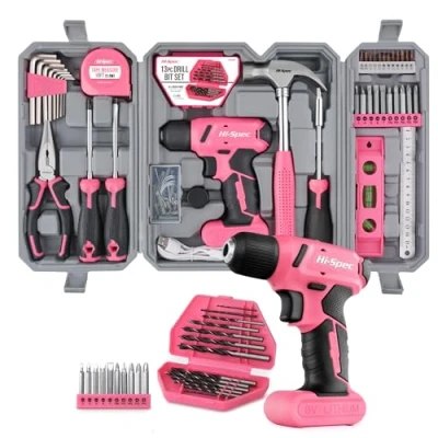 Image of Hi Spec 57pc Pink Hand Tool Kit Set with 8V USB Cordless Electric Screwdriver, Drill Bits Set, Box for Home &amp; Office DIY Repair and Maintenance Comprehensive