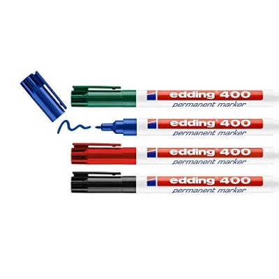 Image of edding 400 permanent marker black, red, blue, green 4 pens fine round nib 1 mm waterproof, quick drying, smear proof for cardboard, plastic, wood, metal, glass and fabric