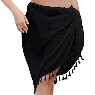 Image of Fvomye Beach Sarong Swimsuit Cover up Wrap Pareo with Tassel Bikini Scarf Beachwear (Black), One Size
