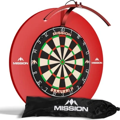 Image of Mission Darts TOR100 Torus 100 Dart Board LED Folding Portable Dartboard Travel Lighting System (Metallic Red)