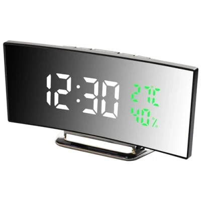 Image of Digital Alarm Clock, Clock with Modern Curved Design, 2 Levels Brightness+Off, 3 Alarms, Snooze, USB power supply, Bedside Temperature and Humidity Display (White 01)