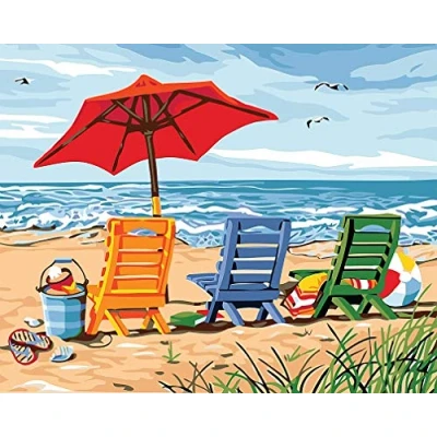Image of Awesocrafts Number Painting Kits, 3 Chairs on Beach, Umbrella Seagull Ocean Paint by 16x20 inches for Adults and Kids (Beach，No Frame)
