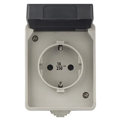 Image of EMOS Protective Contact Socket with Hinged Lid, Surface Mounted for Wall Mounting, Suitable Wet Rooms and Outdoor Use, 250 V / 16 A Max. Protection Class IP44/IP54, Schuko, Plastic