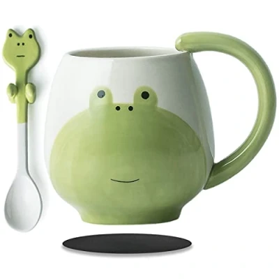 Image of Cute Frog Coffe Mug with Spoon Print Stuff Gifts 420ml Ceramic Tea Coffee Cup Kawaii Mugs Funny 3D Animal Birthday for Boys Girls Lovers