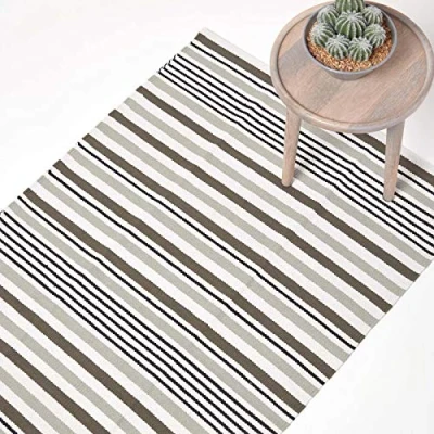 Image of HOMESCAPES Striped Rug, 120cm x 180cm or 4 ft 6 (L) Large Black and Grey 100% Cotton Mat; Modern, Contemporary Scandinavian Living Room &amp; Bedroom Rugs