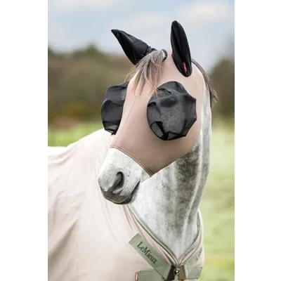 Image of LeMieux Bug Relief Half Fly Mask Pull On Design Four Way Stretch Fabric Eye Darts Mesh Ears Walnut Small