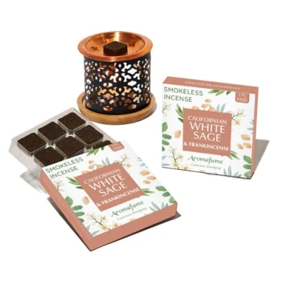 Image of White Sage &amp; Sandalwood Incense Bricks with Oriental Burner by Aromafume 2x9 for Cleansing Negative Energy Protection Smokeless Smudging, Spiritual
