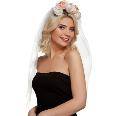 Image of Smiffys Floral Headband, White &amp; Pink with Veil, Hen Stag Night Fancy Dress, Adult Dress Up Accessories