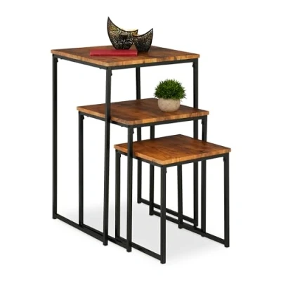 Image of Relaxdays Side Table Set of 3, Stackable, 3 Sizes, Coffee Counter, Square, Metal, Living Room Decor, Brown/Black, Iron, 76 x 46 cm
