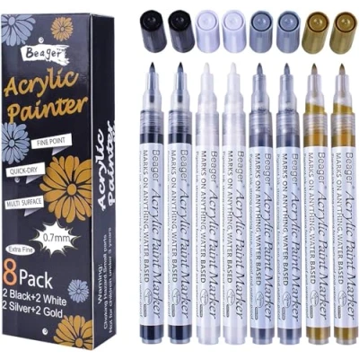 Image of Black White Gold Silver Acrylic Pens, 0.7 mm Permanent Marker Pens Waterproof Paint Stones Painting for Ceramic Wood Metal Paper Glass Fabrics Plastic Leather DIY 8 Pack
