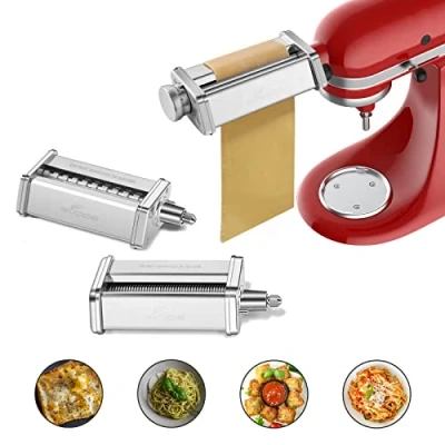 Image of Pasta Attachment for KitchenAid Stand Mixer Included Sheet Roller, Spaghetti Cutter and Fettuccine Maker Stainless Steel Accessories 3Pcs by Gvode