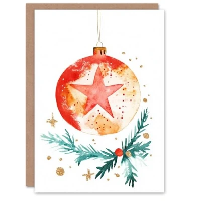 Image of Artery8 Bauble With Star Ornament And Holly Blank For Him Or Her Art Xmas Festive Christmas Card