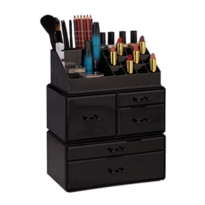 Image of Relaxdays Organizer wit 21 Compartments, Cosmetic Tower for Lipstick, Nail Polish, Makeup Tray, Black, Pack of 1