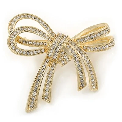 Image of Avalaya Double Bow Clear Crystal Brooch in Bright Gold Tone Metal 55mm W