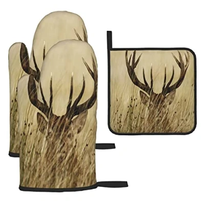 Image of Heat Resistant Oven Mitts And Pot Holders Sets Of 3 Whitetail Deer Fawn In Wilderness Stag Printed Kitchen Non Slip Waterproof Gloves For Baking Cooking Bbq