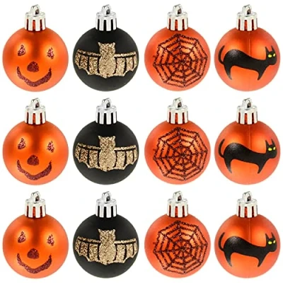 Image of Cackle &amp; Co 12 Pack Mini Halloween Tree Baubles Glittery Party Decoration 4cm Orange Black
