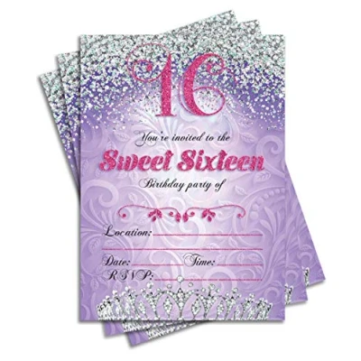 Image of Sweet 16 Sixteen Birthday Party Double Sided Purple Invitations, Set of 25 5x7 Girl&#039;s 16th Invitations Includes Envelopes