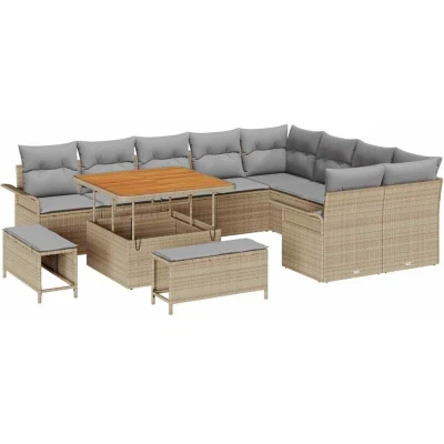 Image of vidaXL 12 Piece Garden Sofa Set with Cushions Beige Poly Rattan Acacia