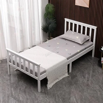 Image of WestWood Single Bed Solid Pine Frame Headboard Durable Shaker Style With Footboard Wooden Platform Wood Slat Support Bedroom Furniture Strong Legs Adults Kids Teenagers White