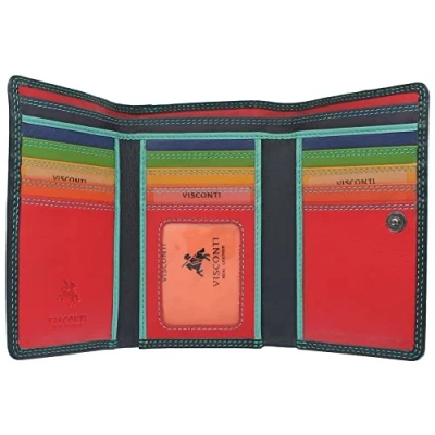 Image of VISCONTI Rainbow Collection Bora Tri Fold Leather Purse RFID Blocking RB43 Black/Rhumba