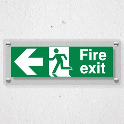 Image of V Safety Fire Exit Arrow Left 300 x 100 mm Acrylic Perspex Cast Clear Sign
