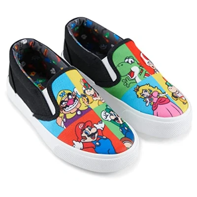 Image of Nintendo Boys Mario Athletic Sneakers Super Slip On Shoes Mario, Luigi, Kirby and Donkey Kong Canvas Sneakers, Black, 4 Big Kid