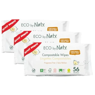 Image of Eco by Naty Unscented Baby Wipes 100% Compostable and Plant Based Wipes, Good for Babies Newborn Sensitive Skin (168 Count 3 packs of 56)
