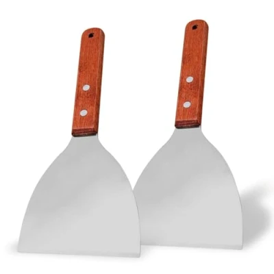 Image of 2Pcs Griddle Scraper, Stainless Steel Slant Edge Grill Scrapers Wood Handle Spatula for Food Pancake Pizza Home Baking Cooking