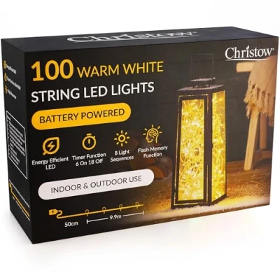 Image of CHRISTOW Christmas Fairy Lights Battery Operated, White LED String Lighting with Timer, Indoor &amp; Outdoor, 8 Light Modes Flashing Static Glow, Clear Cable (100 / 10m Lit Length)