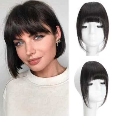 Image of Clip in fringe Bangs 100% Real Human fake Hair On Hairpiece With Temple French Extensions for women Daily Wear(Brown black, Bangs)