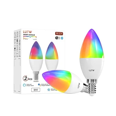 Image of LUTW Smart Light Bulb, C37 Candle Bulbs with Colour Changing LED Light, Compatible Echo Alexa, Google Home, 5W 545lm RGBCW WiFi&amp;Bluetooth 2.4GHz, 2 Pack(No Hub Required)
